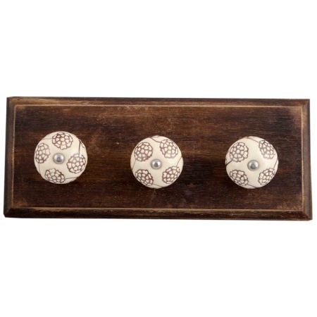 Cream Brown Marigold Etched Ceramic Wooden Hooks